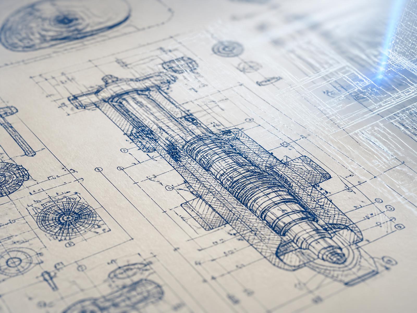 Macro detail of a patent engineering drawing with translucent technical schematics