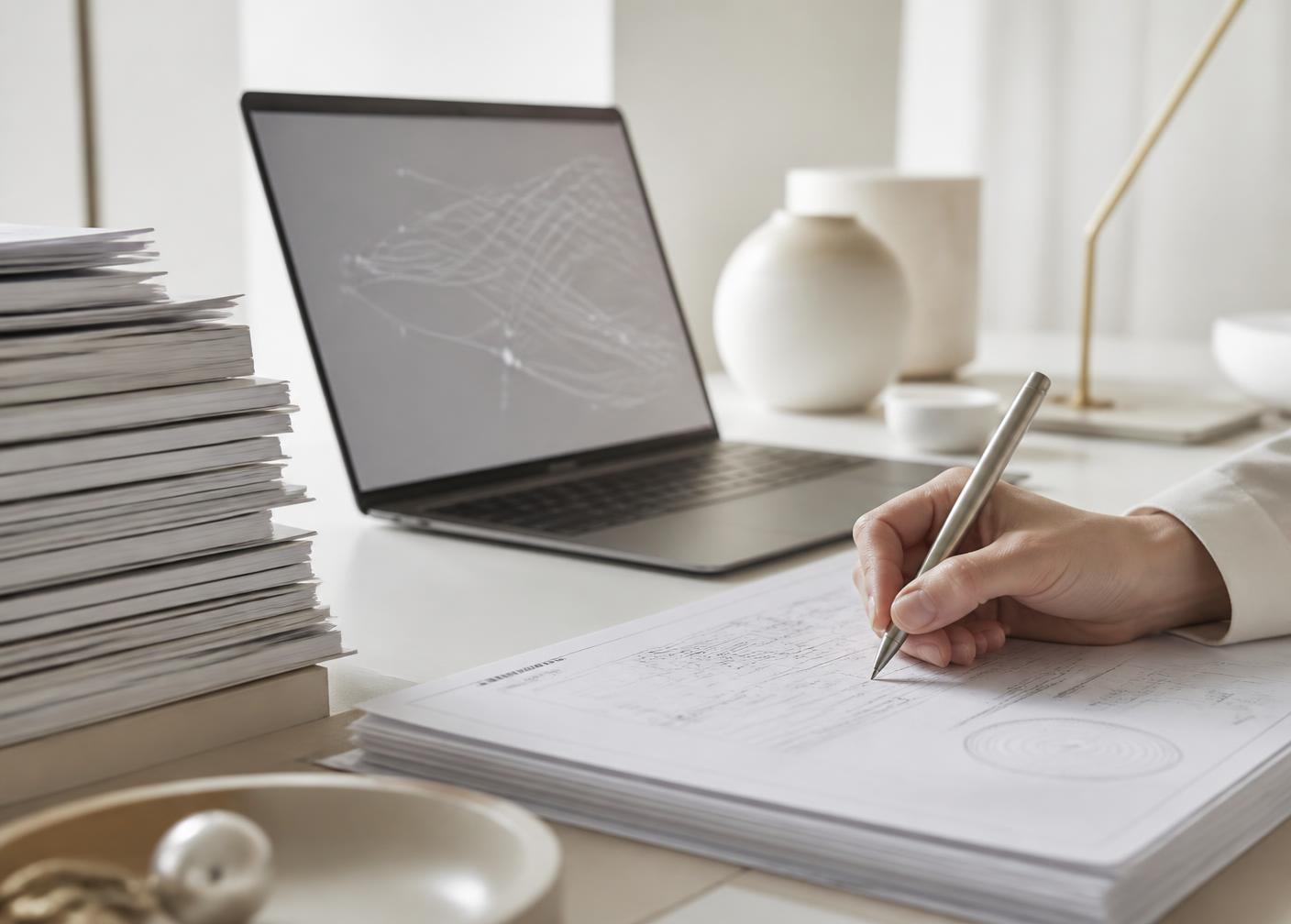 A specialist annotating a technical document beside terminology software
